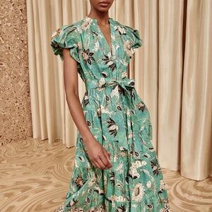 Ulla Johnson Ottilie Seafoam V-Neck Puff Sleeve Midi Dress NEW  Sz US8